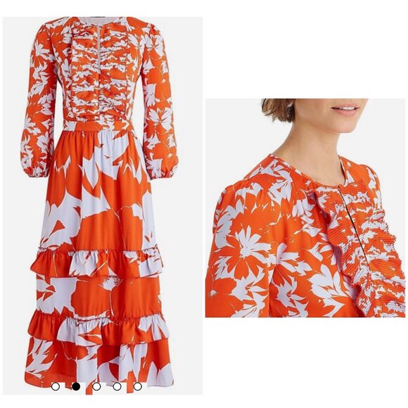 J.Crew Tiered Ruffle Midi Dress Size 6 Orange Blue Ballon Long Sleeves Floral - Picture 2 of 16